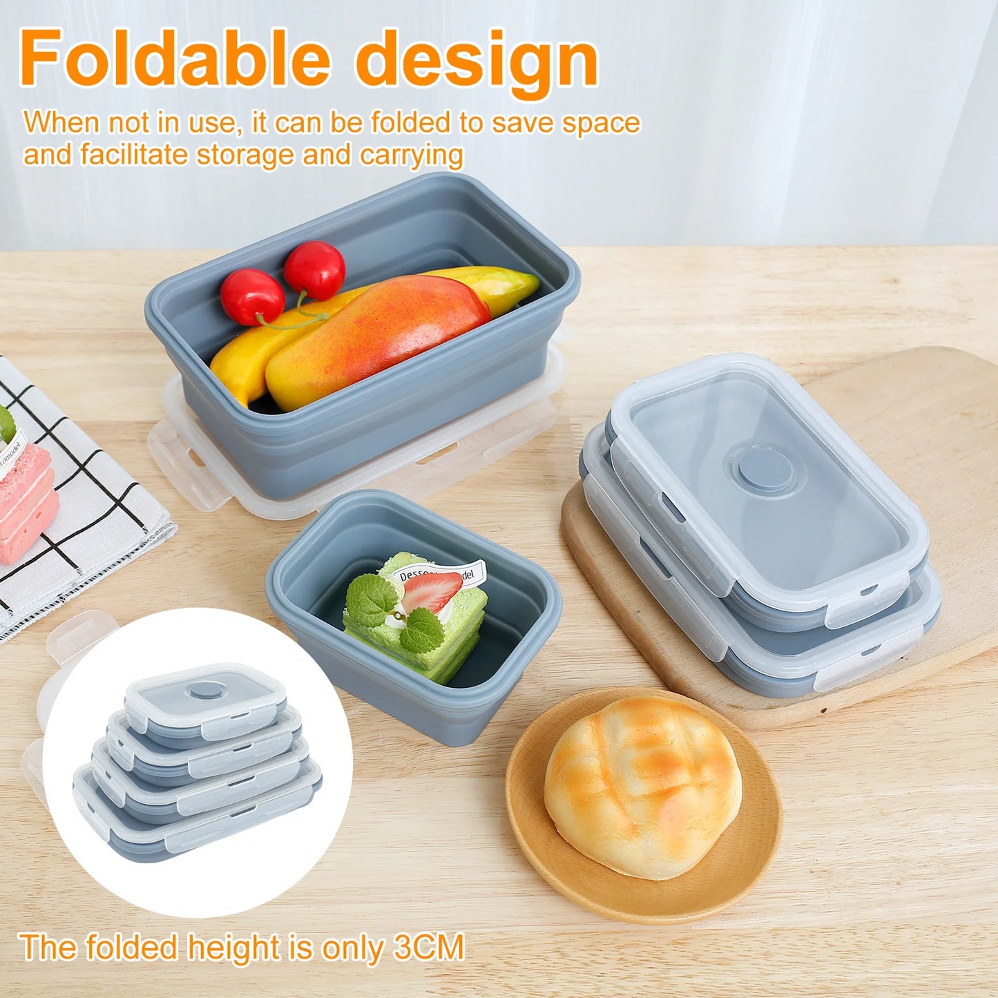 4Pcs Silicone Food Storage Container Temperature Resistant Lunch Meal Prep Container Microwave Safe Food Box Collapsible