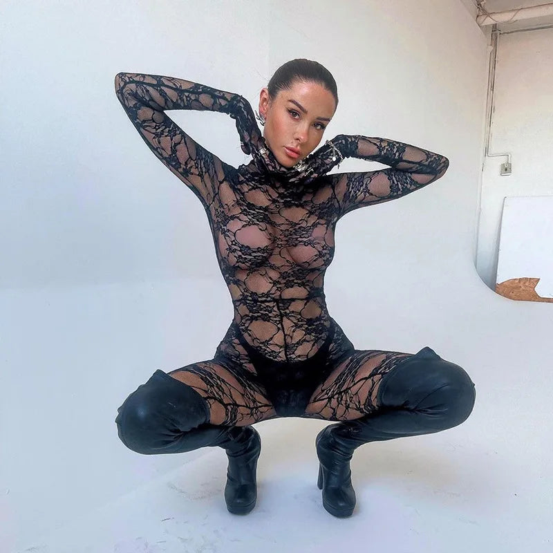 Mesh Sheer Hollow Out Long Sleeve Sexy See Through Skinny Exotic Jumpsuit Bodycon Summer Women Outfit Night Party with Gloves