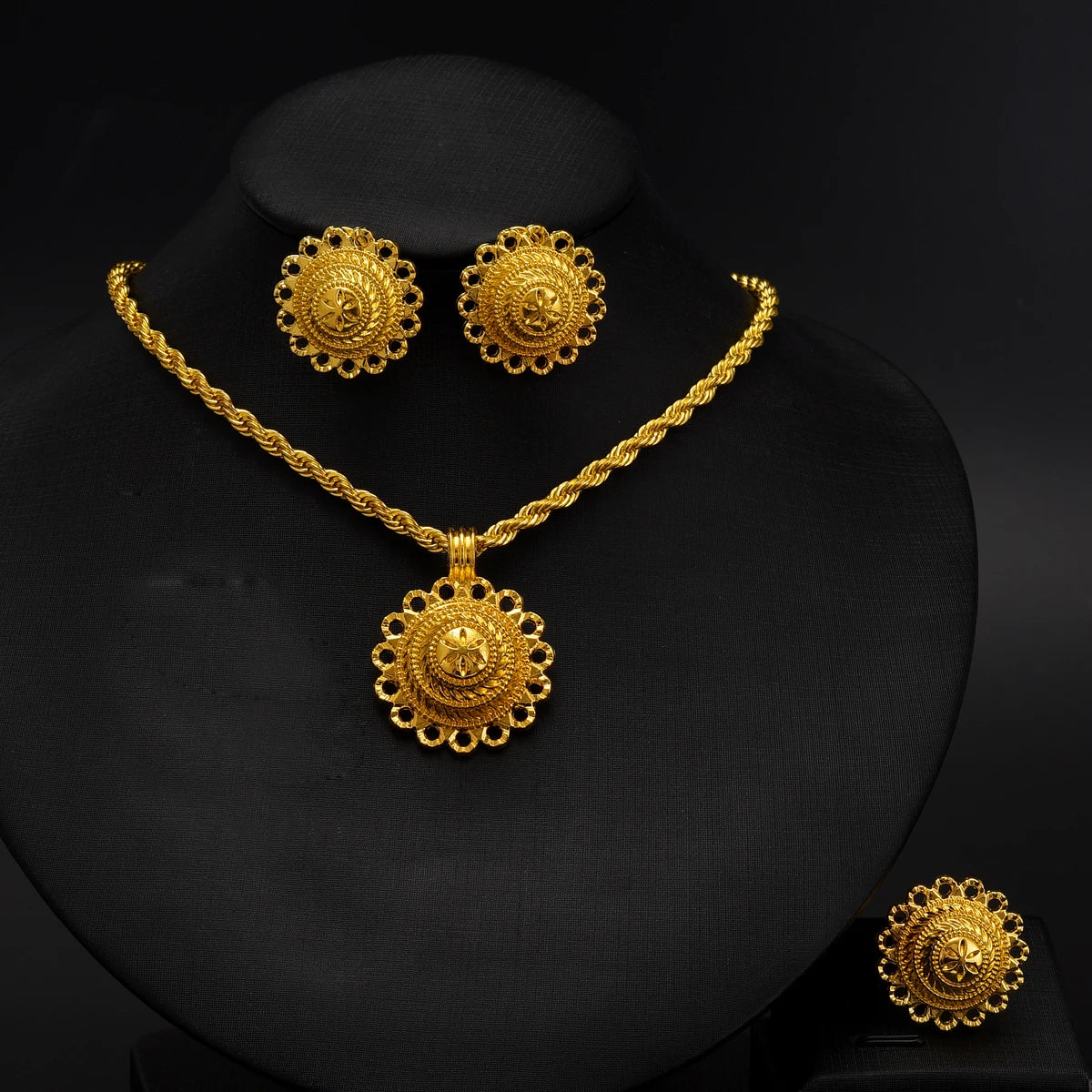 Gold Color Ethiopian Jewelry Sets Necklace Earrings Ring 3-piece Sets Dubai Wedding Bride Sets African Gifts #TZ048