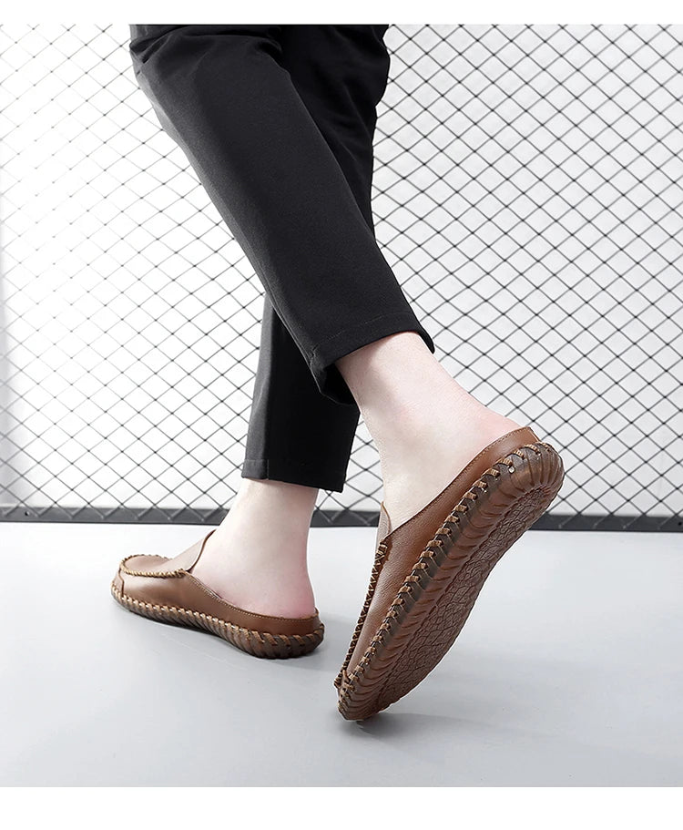 Plus Size 38-48 Handmade Mules Mens Backless Loafers Slippers Half Shoes For Men Slide Closed Toe Sandals Semi-Drag Casual Shoes