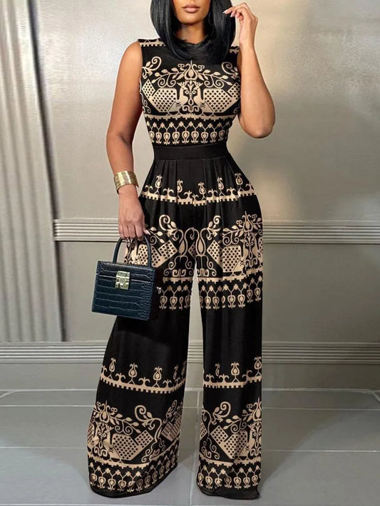 Elegant Women's Wide-leg Long Jumpsuit Spring And Summer Fashion Printed Sleeveless Casual Mid-waist Straight Jumpsuit Trousers