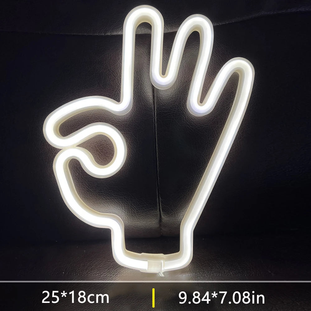 Peace Hand LED Neon Sign Win Victory Gesture Finger Night Lamp OK Neon Lights Bedroom Living Room Wall Home Office Decor