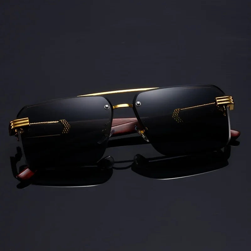 Women's Frameless Double Beam Fashion Sunglasses Golden Border Wood Grain Bracket for Male and Female Drivers Black Eyeglasses