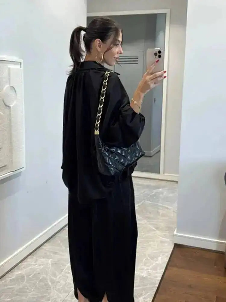 LGRQ Women's Casual Two-piece Set Fashion Lapel Long Sleeved Cardigan Jacket Elastic Waistband Tied Pants 2026 Summer 19DB1008