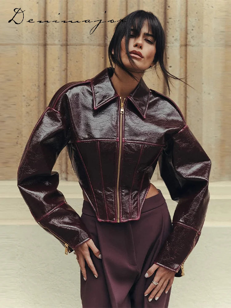 Fashion Lapel Leather Jacket Women's Full Sleeve Slim Solid Zippers Coat 2026 Spring New Lady Edgy Casual High Street Outerwear