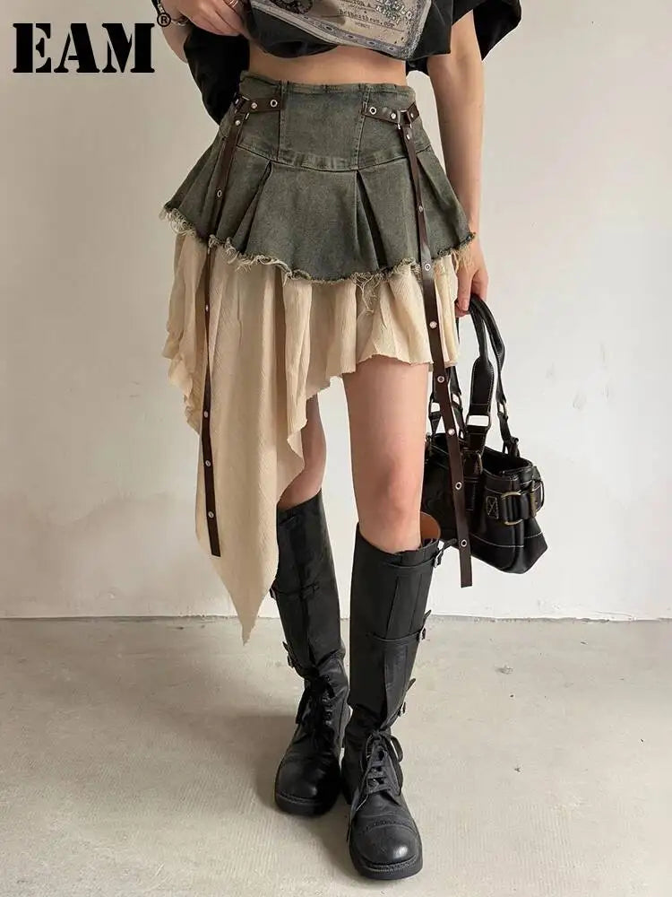 EAM Color-block Irregular Spliced High Elastic Waist A-line Mini Denim Skirt Women Fashion Tide New Spring Autumn 2026 30A3307