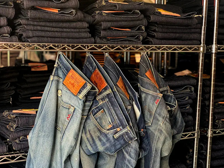 IRON HEART Indigo-Sulfide Black 634s Double Dyed 14oz Denim Jeans, One Wash