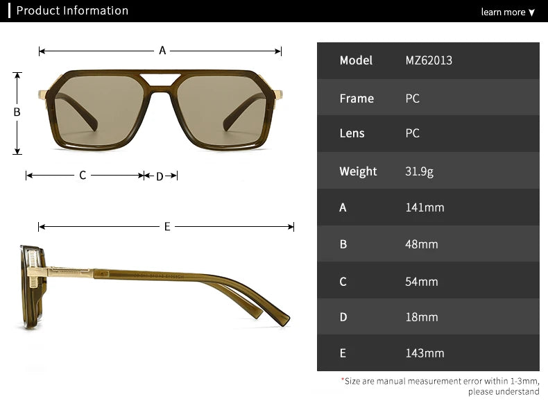 New European and American Style Men's Aviator Glasses, Retro Double Bridge Square Frame Sunglasses, Cross-Border Ready Stock 62013