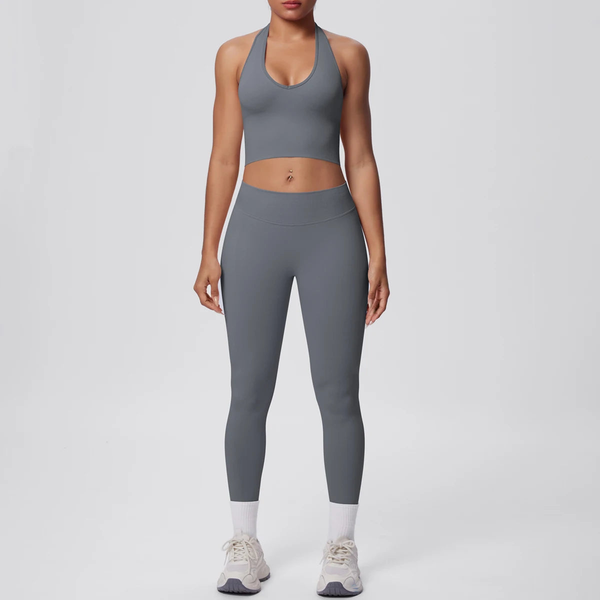 Solid Color Backless Breathable 2pieces Set for Woman High Strength Training Yoga Set Hanging Neck Bra Gym Push Up Fitness Pants