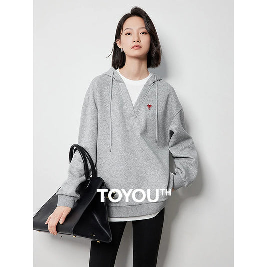 TOYOUTH Women Hoodies Sweatshirt 2024 Autumn New Heart Patter Embroidery Fake Two Piece Hooded Pullover Tops