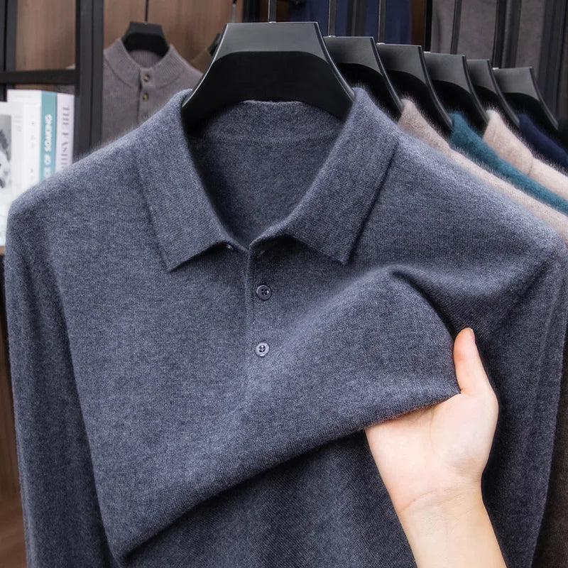 100% Australian Merino Wool Sweater, 360g Thickened Anti-Pilling, Polo Collar Gold Quality Pullover