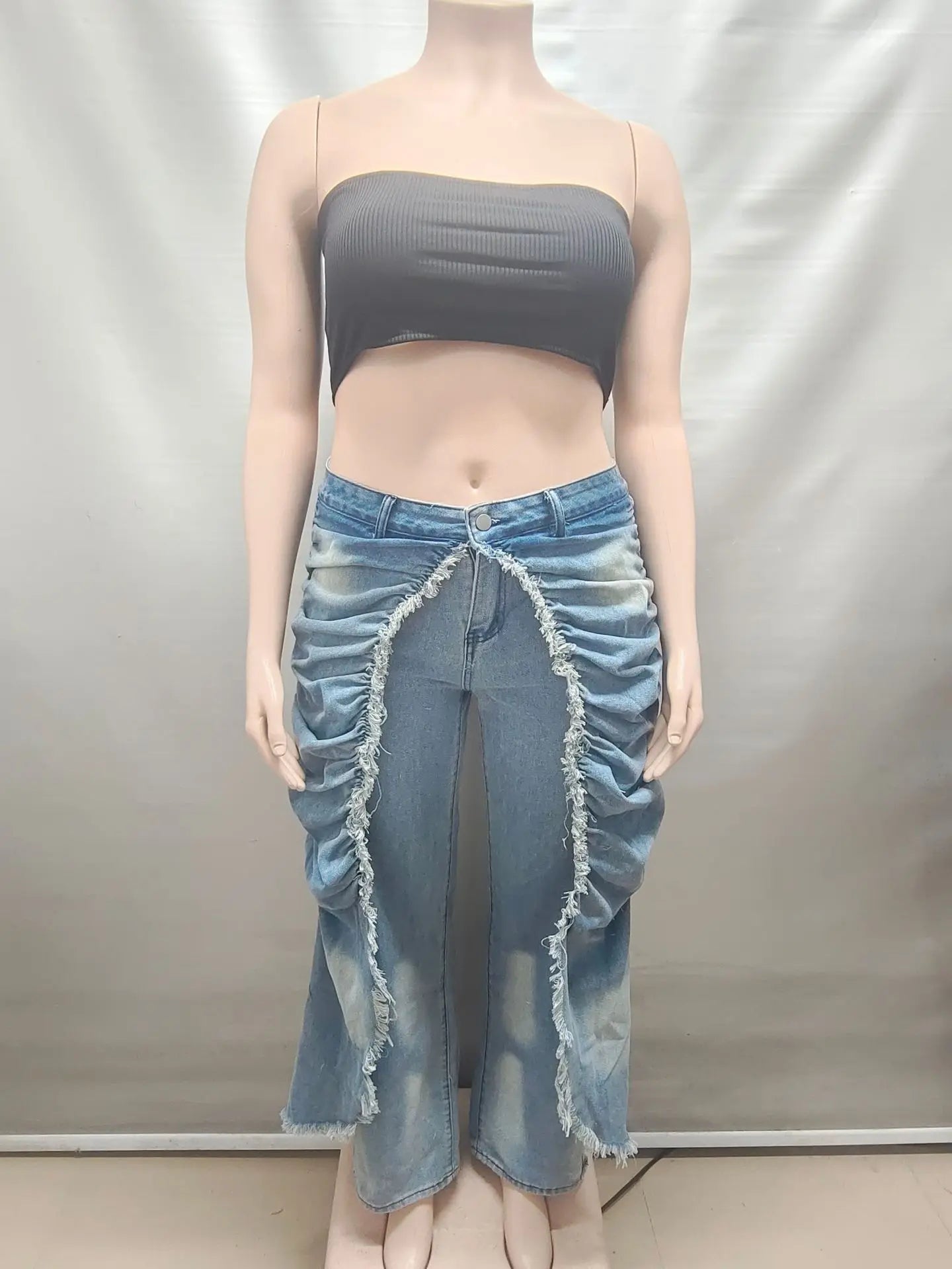 Women Solid Jeans Pants Denim Pleated Trousers Fuzzy Edge Full Lenth Mid Waist Zipper Straight Y2k Streetwear Casual 2026 Spring