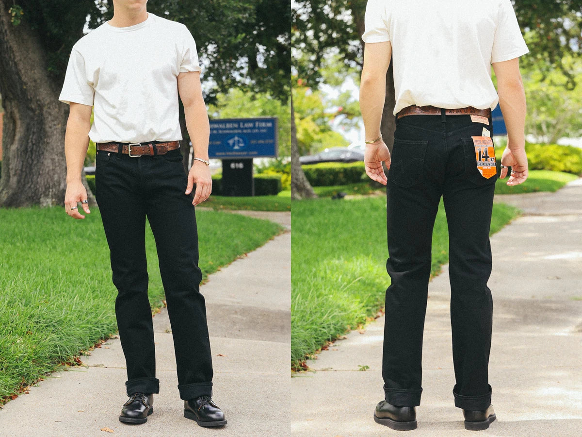 IRON HEART Indigo-Sulfide Black 634s Double Dyed 14oz Denim Jeans, One Wash