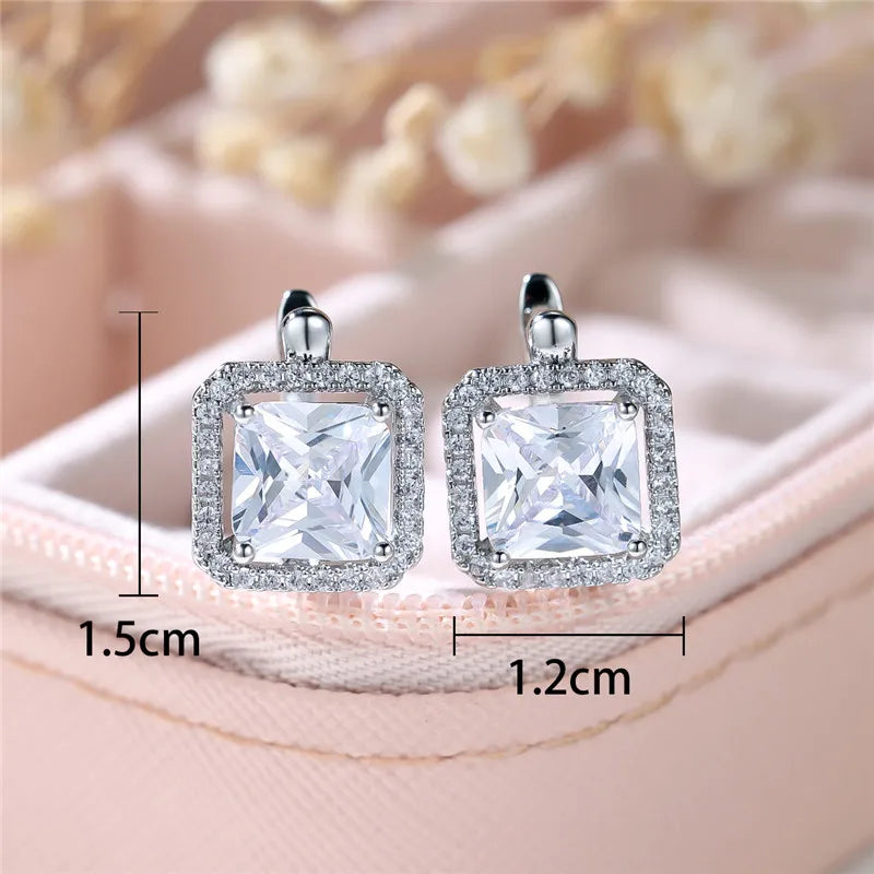 Female Luxury Green Square Zircon Stone Clip Earrings Charm Silver Color Wedding Jewelry For Women
