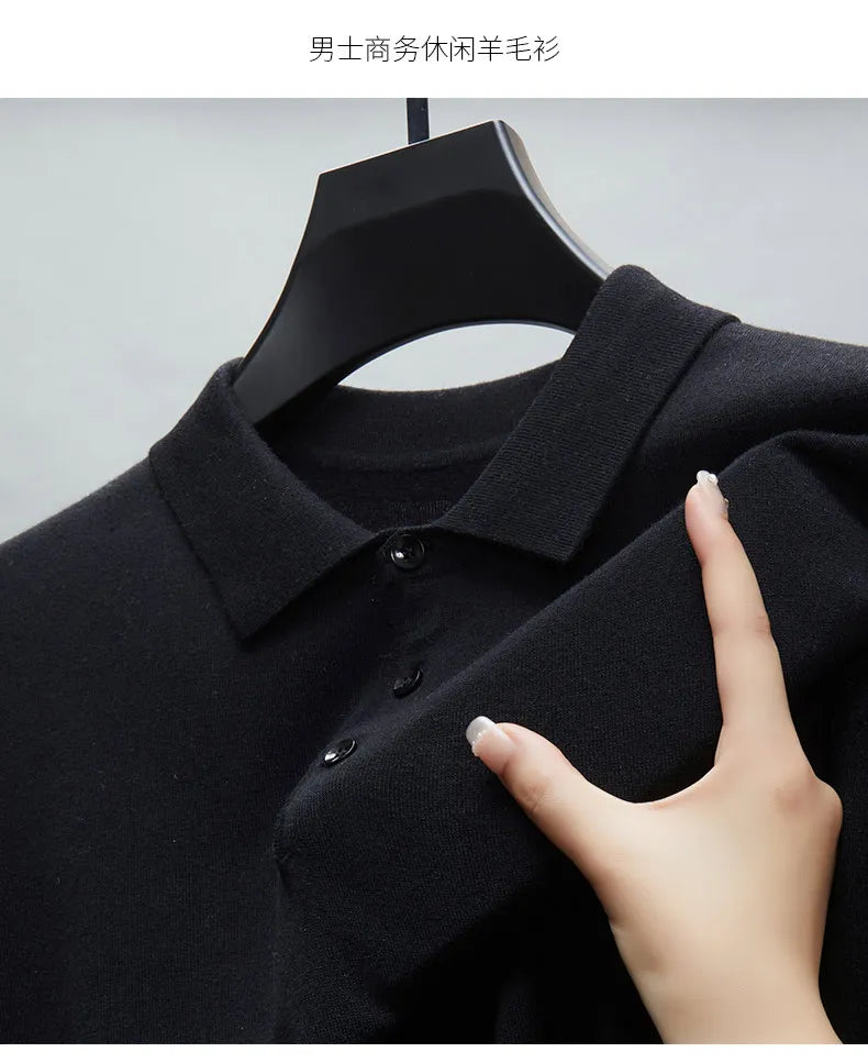 Men's Fine Wool Sweater Polo Collar Pullover Spring Autumn New Cashmere Knitwear Smart Casual Loose Men's Shirts Warm Soft Tops