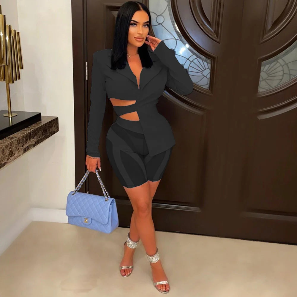 ANJAMANOR Two Piece Club Outfits Women Sexy Asymmetric Blazer and Mesh Shorts Leggings Matching Sets Fall 2023 D58-ED25