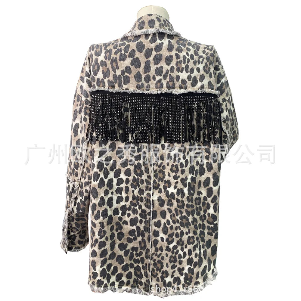 Women Spring Diamonds Beaded Tassels Washed Old Leopard Printed Denim Jacket Fringed Jeans Coat Cowboy Cardigan Streetwear Tops