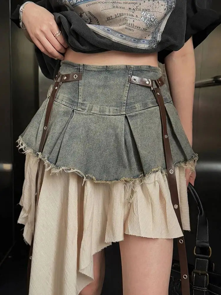 EAM Color-block Irregular Spliced High Elastic Waist A-line Mini Denim Skirt Women Fashion Tide New Spring Autumn 2026 30A3307