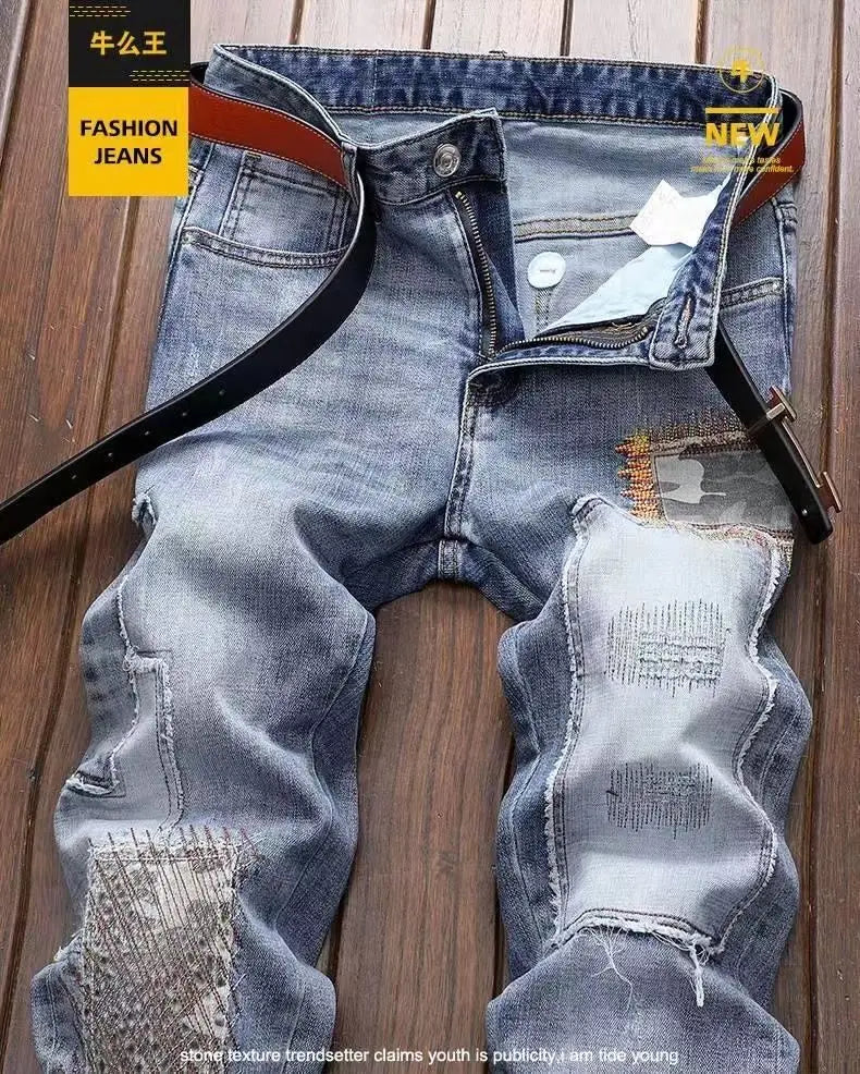 New Spring Autumn Wash Denim Korean Style Blue Designer Cowboy Cycling Motorcycle Splice Vintage Cargo Strech Pant Jean Trousers