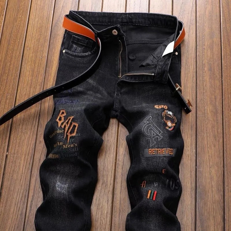 2024 Spring and Autumn New Fashion Trend Retro Ripped Small Foot Pants Men's Casual Slim Breathable Elastic High-Quality Jeans