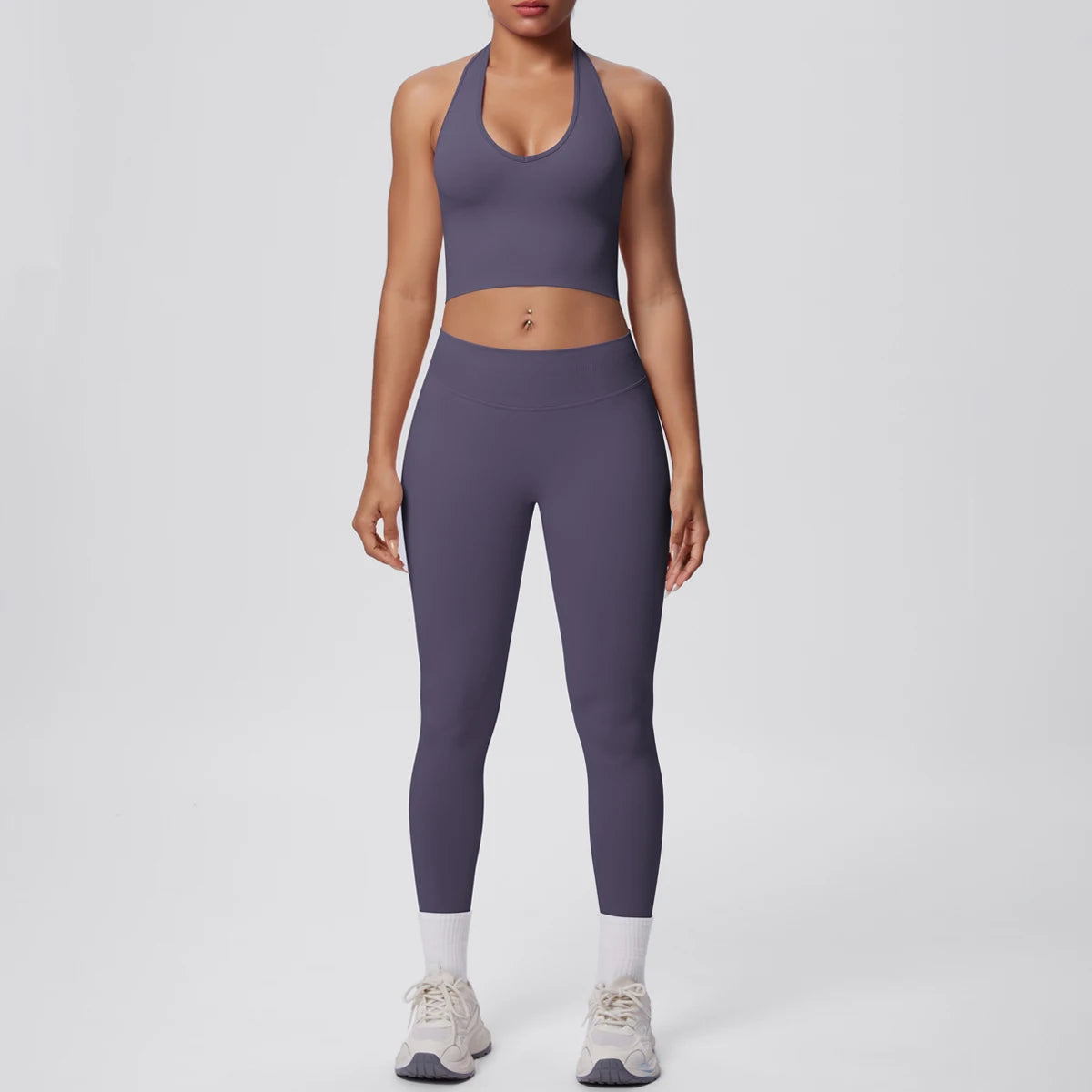 Solid Color Backless Breathable 2pieces Set for Woman High Strength Training Yoga Set Hanging Neck Bra Gym Push Up Fitness Pants