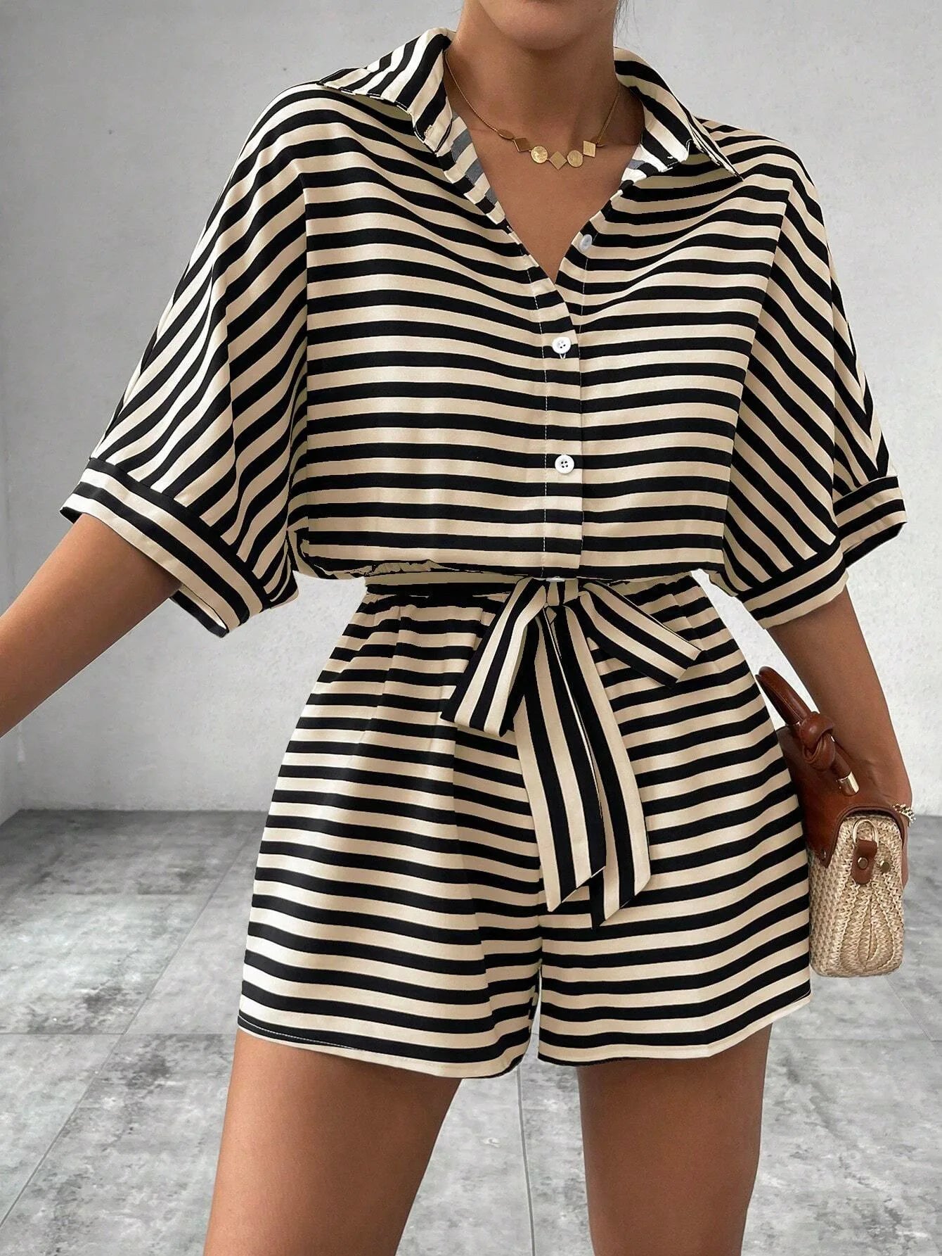 Summer New Set For Women's Casual Loose Comfortable Outfit Fashion Striped Batwing Sleeve Shirt Top+ Shorts 2-piece Sets Woman
