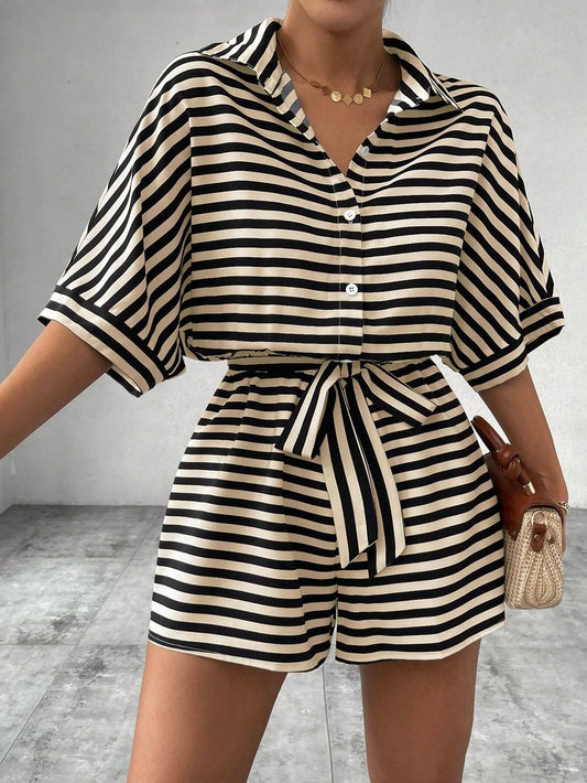 Summer New Set For Women's Casual Loose Comfortable Outfit Fashion Striped Batwing Sleeve Shirt Top+ Shorts 2-piece Sets Woman