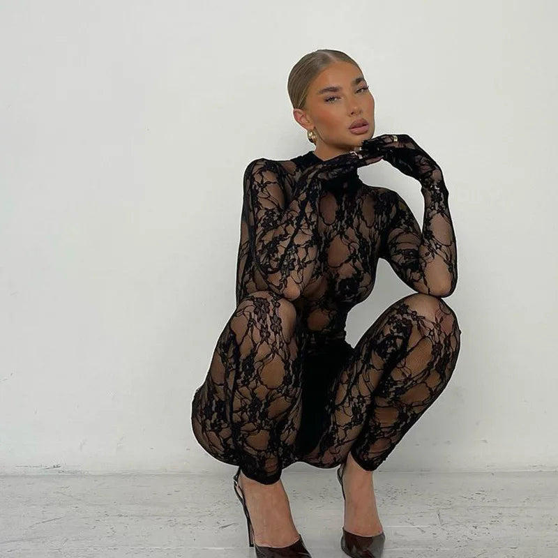 Mesh Sheer Hollow Out Long Sleeve Sexy See Through Skinny Exotic Jumpsuit Bodycon Summer Women Outfit Night Party with Gloves
