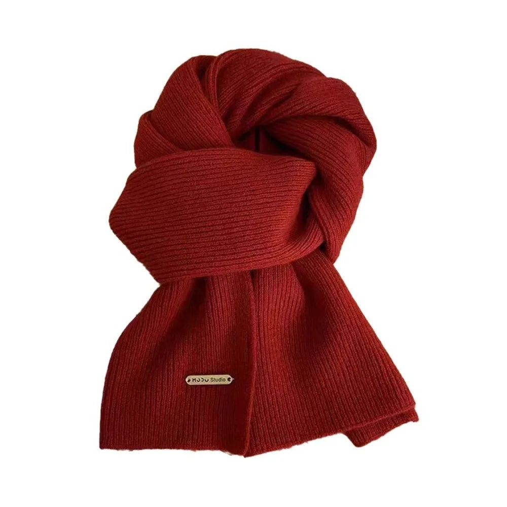 New Korean Style Thick Warm Metal Logo Long Scarf Winter Knitted Solid Color Womens Scarf