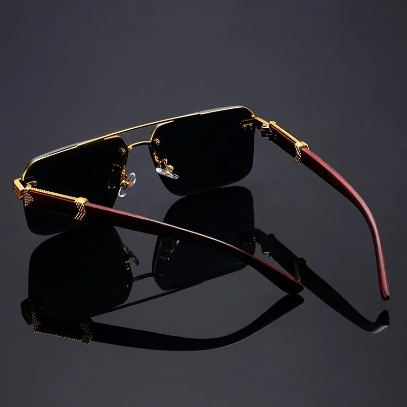 Women's Frameless Double Beam Fashion Sunglasses Golden Border Wood Grain Bracket for Male and Female Drivers Black Eyeglasses