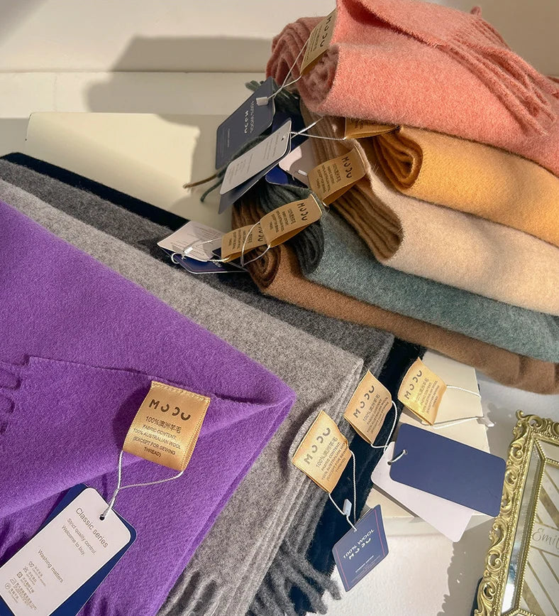 Fashion 100% Wool Scarf Soft Solid Color Scarf for Women Versatile Warm Winter Scarf Thicken Knitted Shawl Simple Tassel Scarves