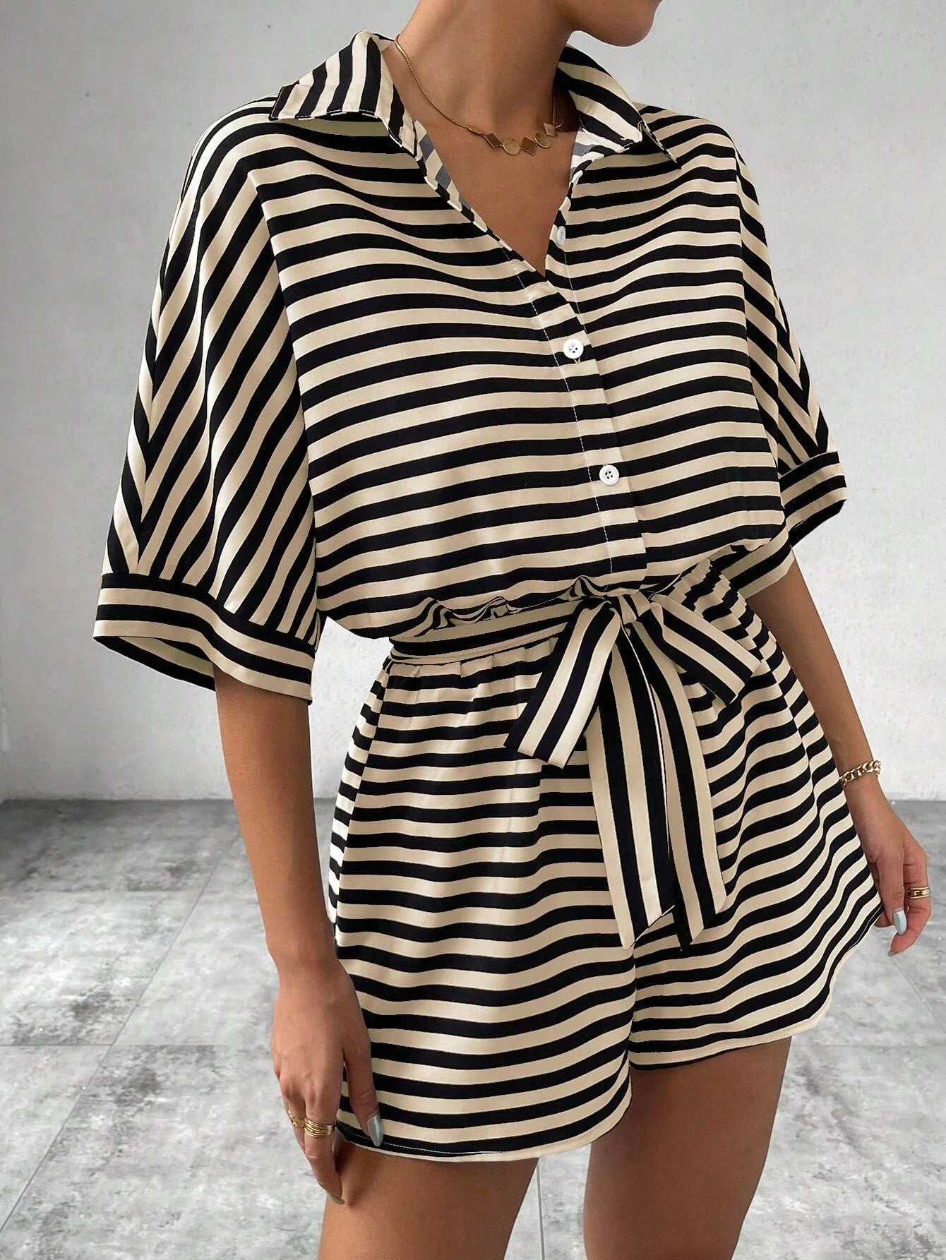 Summer New Set For Women's Casual Loose Comfortable Outfit Fashion Striped Batwing Sleeve Shirt Top+ Shorts 2-piece Sets Woman