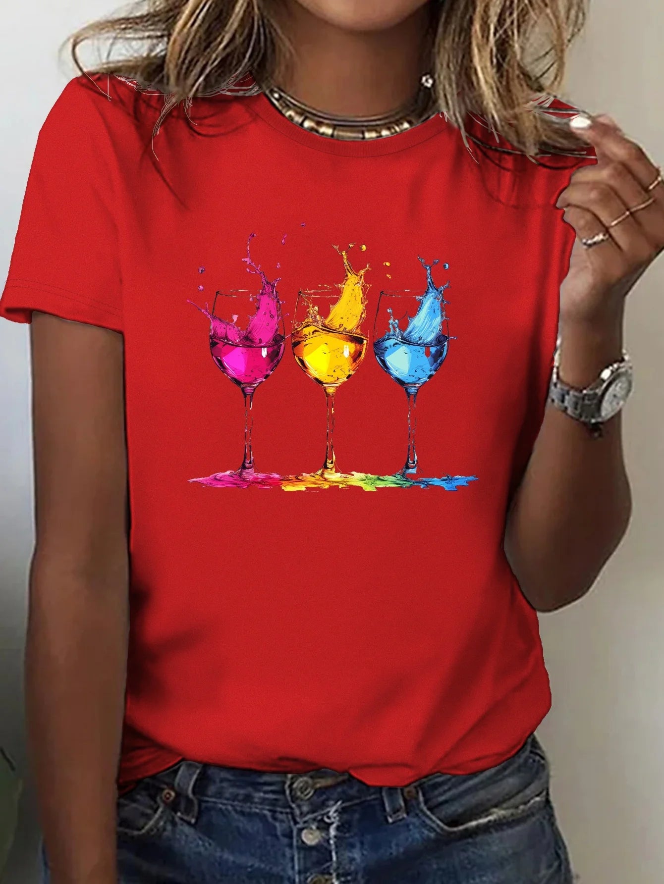 Wine Glasses Print Crew Neck T-shirt Casual Short Sleeve Top for Spring & Summer Women's Clothing Aesthetic Clothes