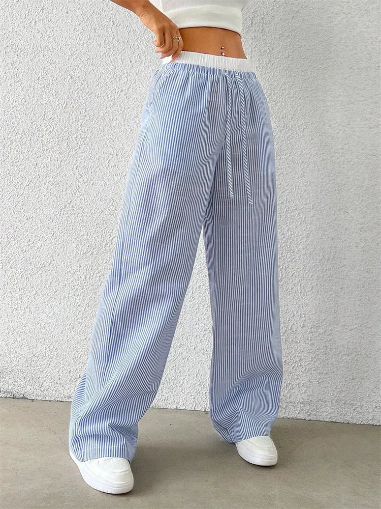 Casual Striped Woven Wide Leg Pants for Women Autumn Winter Casual Stylish Full Length Trousers Y2K Clothes Streetwear