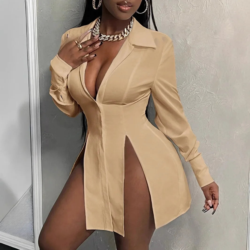 Fashionable Casual Slim Fit Long Sleeve Ladies Shirt Button Placket Split Hem Collared Top Women's Clothing Polyester Cotton