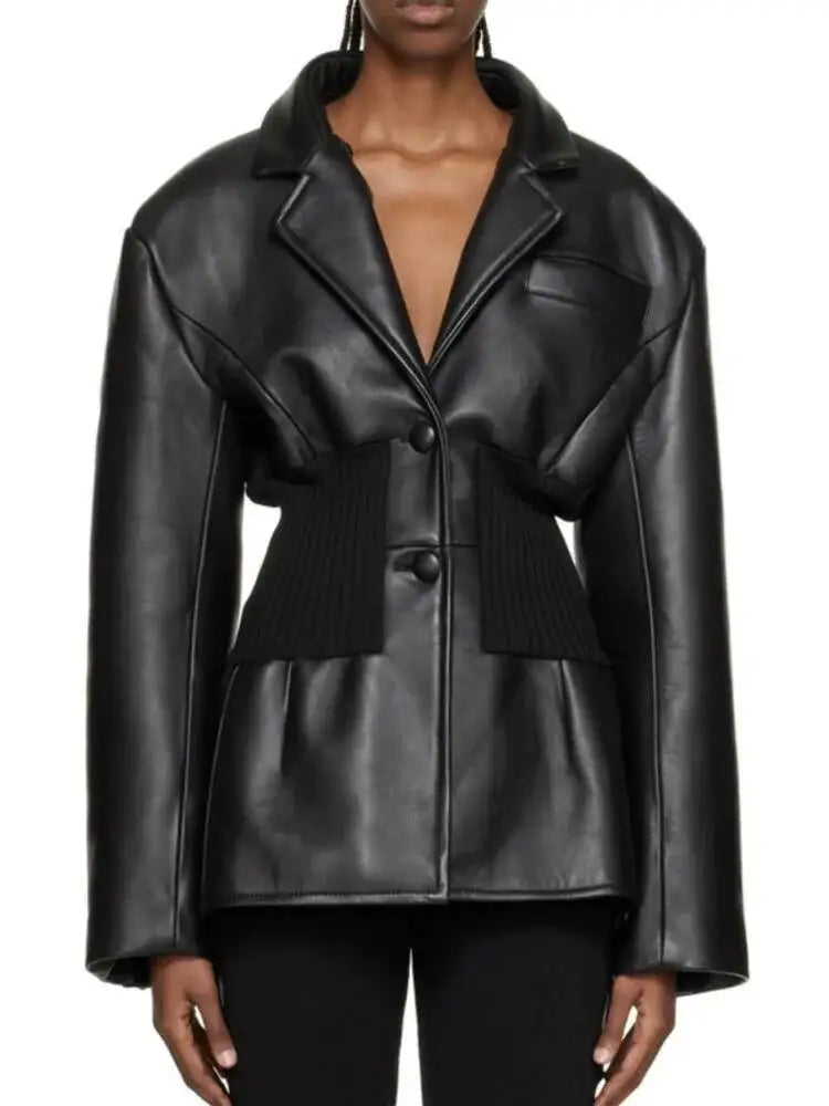 DEAT Fashion Women's Blazer Notched Collar PU Patchwork Knitted Super Waist Silhouette Suit Jackets Spring 2025 New 17A2010H