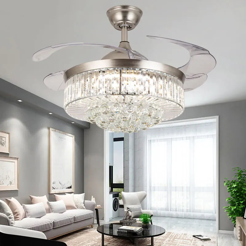 Reversible Chandelier Crystal Ceiling Dimming Modern Ceiling Fan Remote Control Retractable Invisible Blades  Fan with Stepless