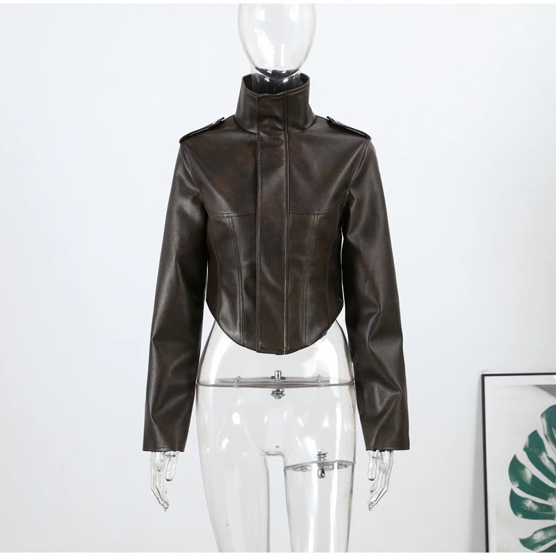 Fashion Lapel Leather Jacket Women's Full Sleeve Slim Solid Zippers Coat 2026 Spring New Lady Edgy Casual High Street Outerwear