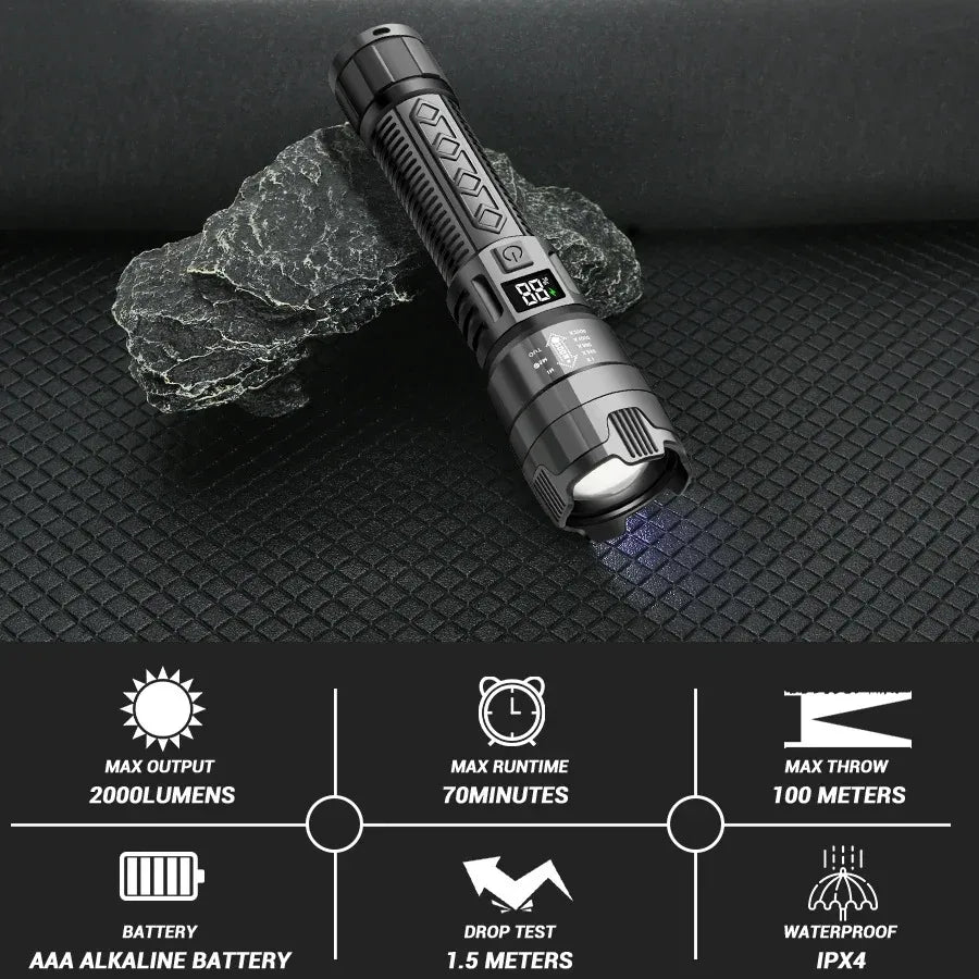 Strong Light Ultra Bright 2000LM LED Flashlight USB Rechargeable Long Range Zoom Tactical Torch Outdoor Camping Fishing Lantern