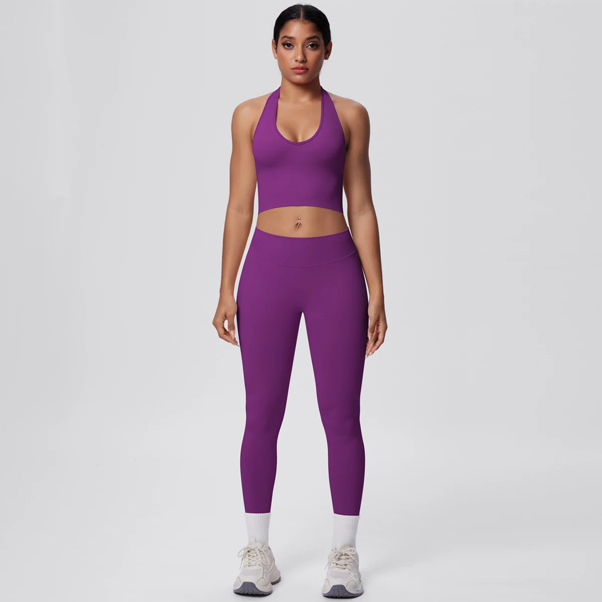 Solid Color Backless Breathable 2pieces Set for Woman High Strength Training Yoga Set Hanging Neck Bra Gym Push Up Fitness Pants