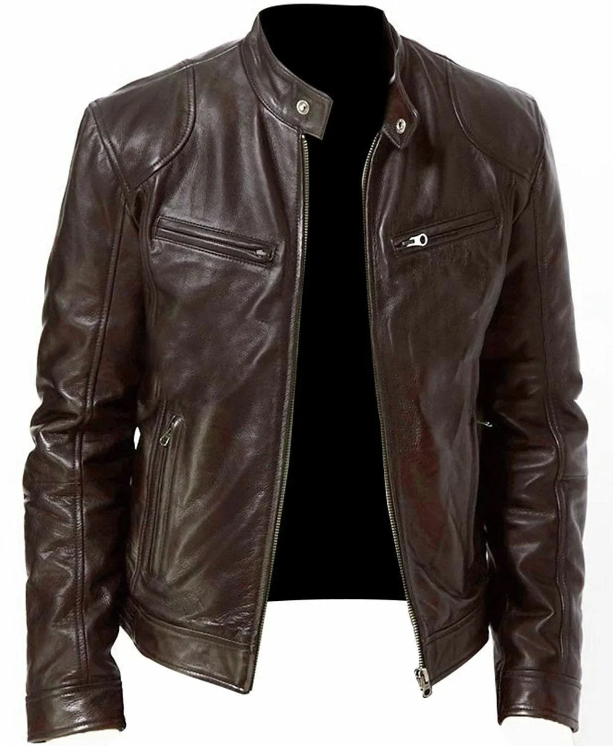 2024 Fashion Mens Leather Jacket Slim Fit Stand Collar PU Jacket Male Anti-wind Motorcycle Lapel Diagonal Zipper Jackets Spring