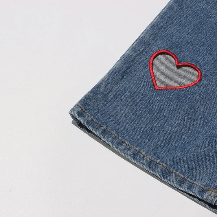 2025 Summer New Fashion Women's Jeans High Waist Straight Wide Leg Embroidery Heart Hollow Out Female Denim Pants