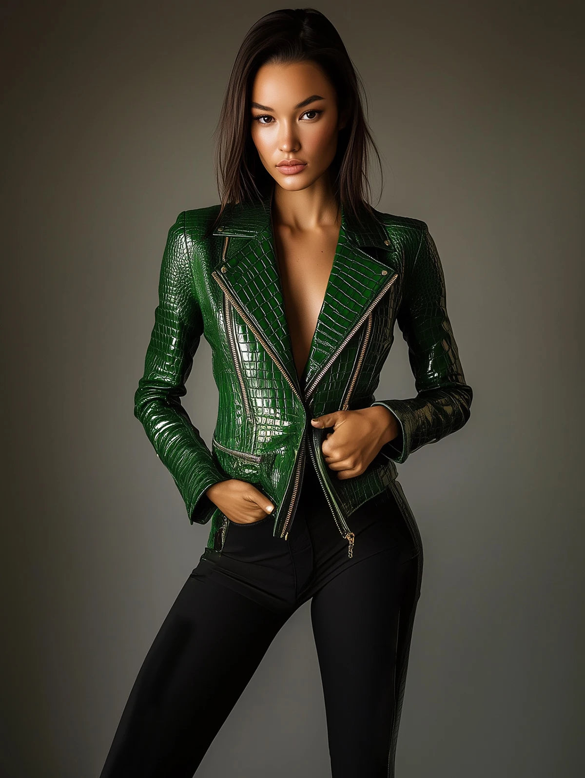Women PU Leather Jackets Alligator Pattern Lapel Collar High Waist Pockets Vintage Long Sleeve Hip Hop Outerwear Zipper Jacket