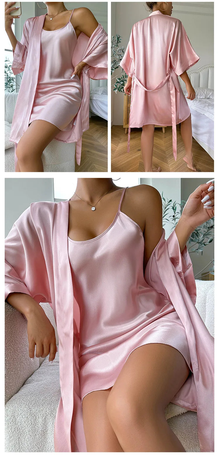 Silk Satin Women Nightgown Set Sleeveless Sling Dress & Long Sleeves Waist Belt Robe 2 Pieces Female Sleepwear Autumn Nightwear