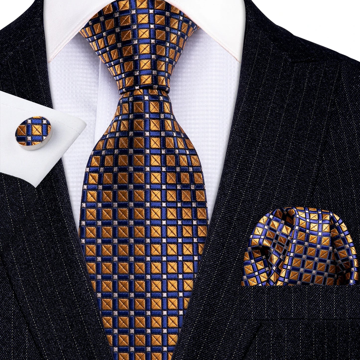 Barry.Wang Orange Brown Silk Mens Tie Hanky Cufflinks Set Gold Coffee Jacquard Designer Necktie For Male Wedding Business Party
