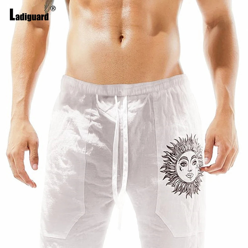 Plus Size 5xl Mens Loose Pants 2025 Summer Casual Linen Pants Male Fashion Print Trouser Men Patchwork Drawstring Leisure Pant