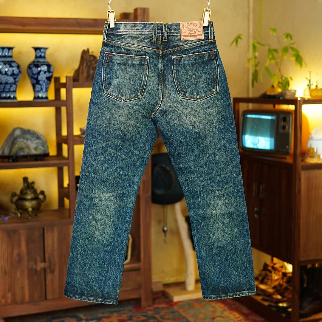 Heavyweight 25oz Red Selvedge Denim Jeans for Men American Vintage Casual 100% Pure Cotton Regular Straight Trousers 5KM Winter