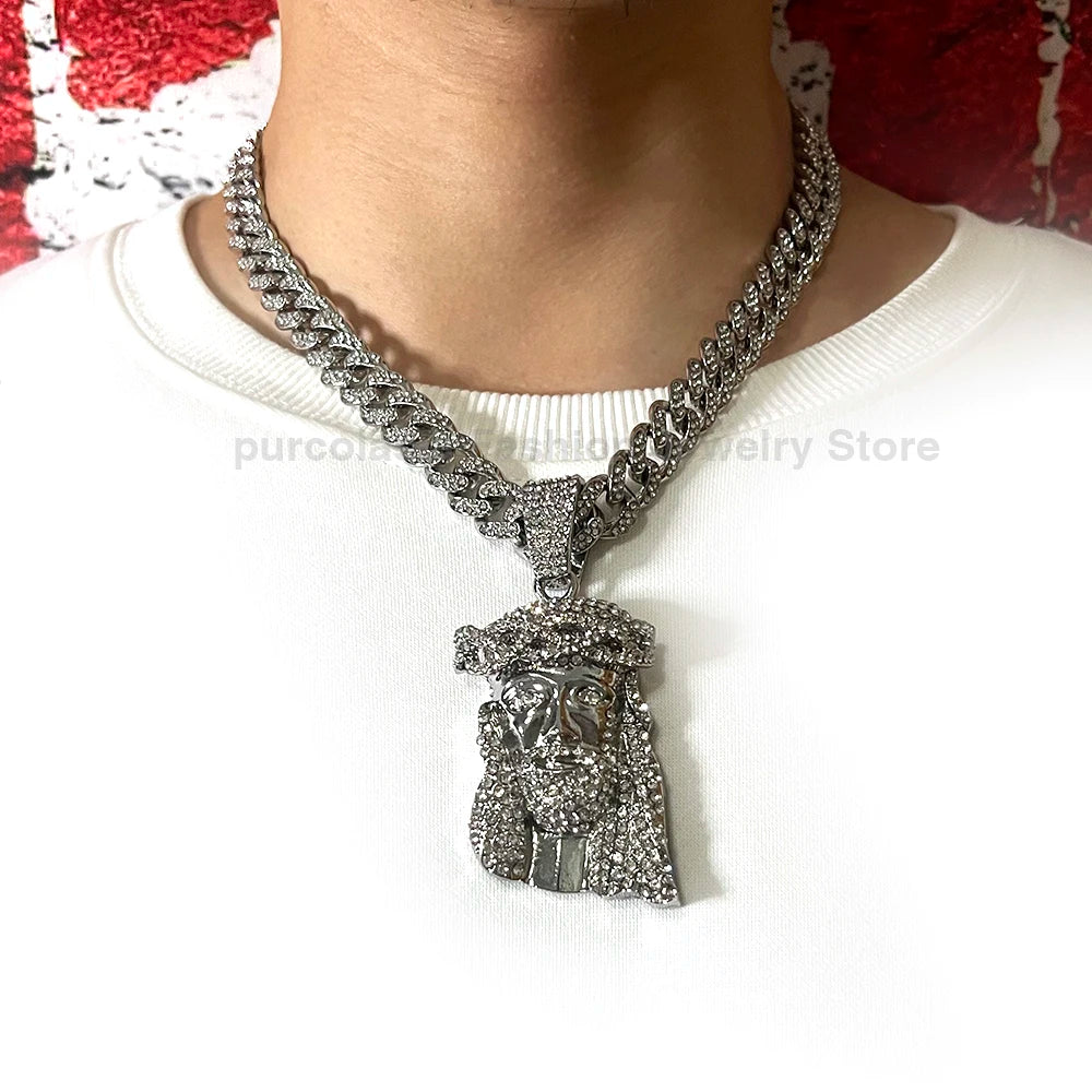 Men Hip Hop Rapper Popular Necklace Religious Jesus Portrait Pendant Rhinestones Cuban Chain Jewelry