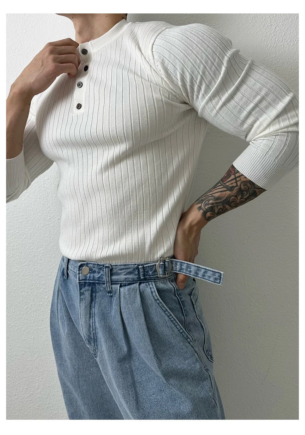 Autumn Clothing Men's Light Luxury Knit Korean Popular Henry Collar T-shirt Button-down Long Sleeve Retro Leisure Knitwear