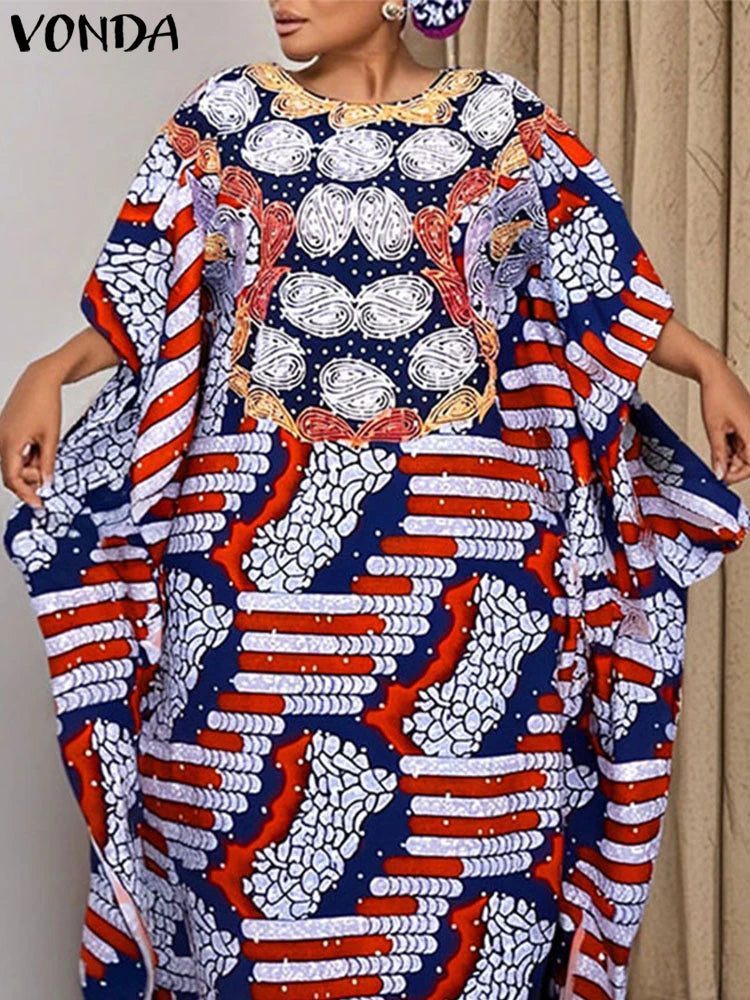 Plus Size 5XL VONDA Women Maxi Dress Bohemian Printed Long Vestidos Summer Half Bat Sleeve Casual Loose Robe Vintage Sundress